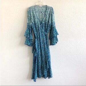 Poupette St. Barth Tiered Bell Sleeve Midi Wrap Dress